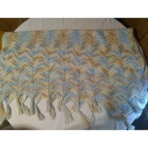 Afgan Throw Hand Crocheted Chevron Zig Zag 84" x 38" Tassles Blue Tan Cream Warm